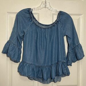 ZARA WOMEN PREMIUM DENIM COLLECTION Ruffle Off the Shoulder Top | size XS